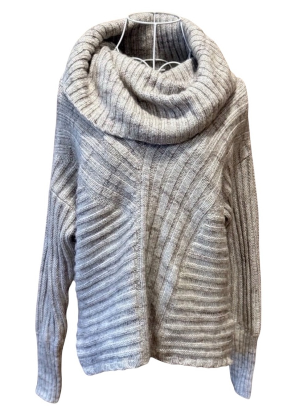 Hinge Ribbed Knit Cowl Neck Sweater Cream Long Sleeve Pullover Side Slit Size S